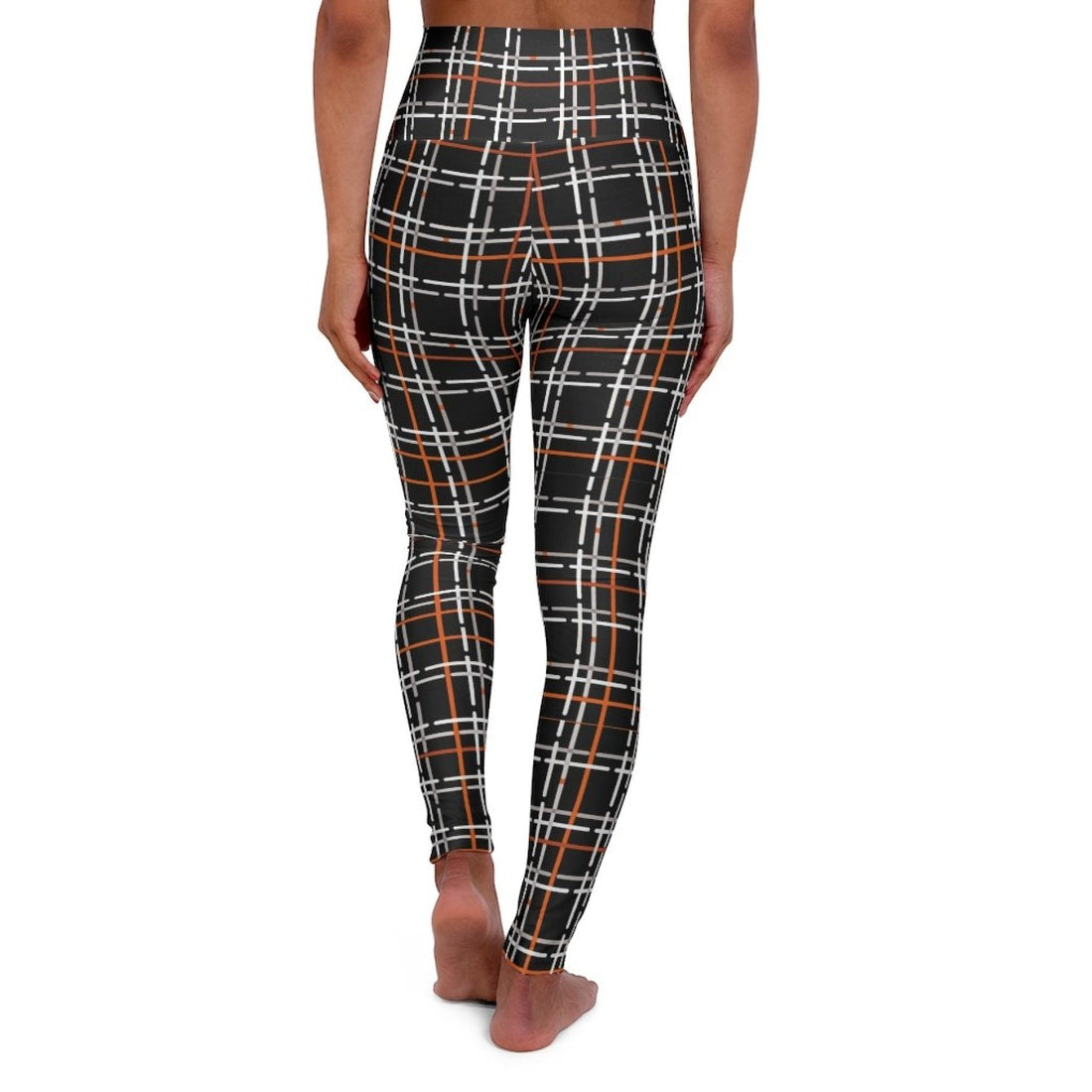 Womens High-waist Fitness Legging Yoga Pants, Black Orange Tartan