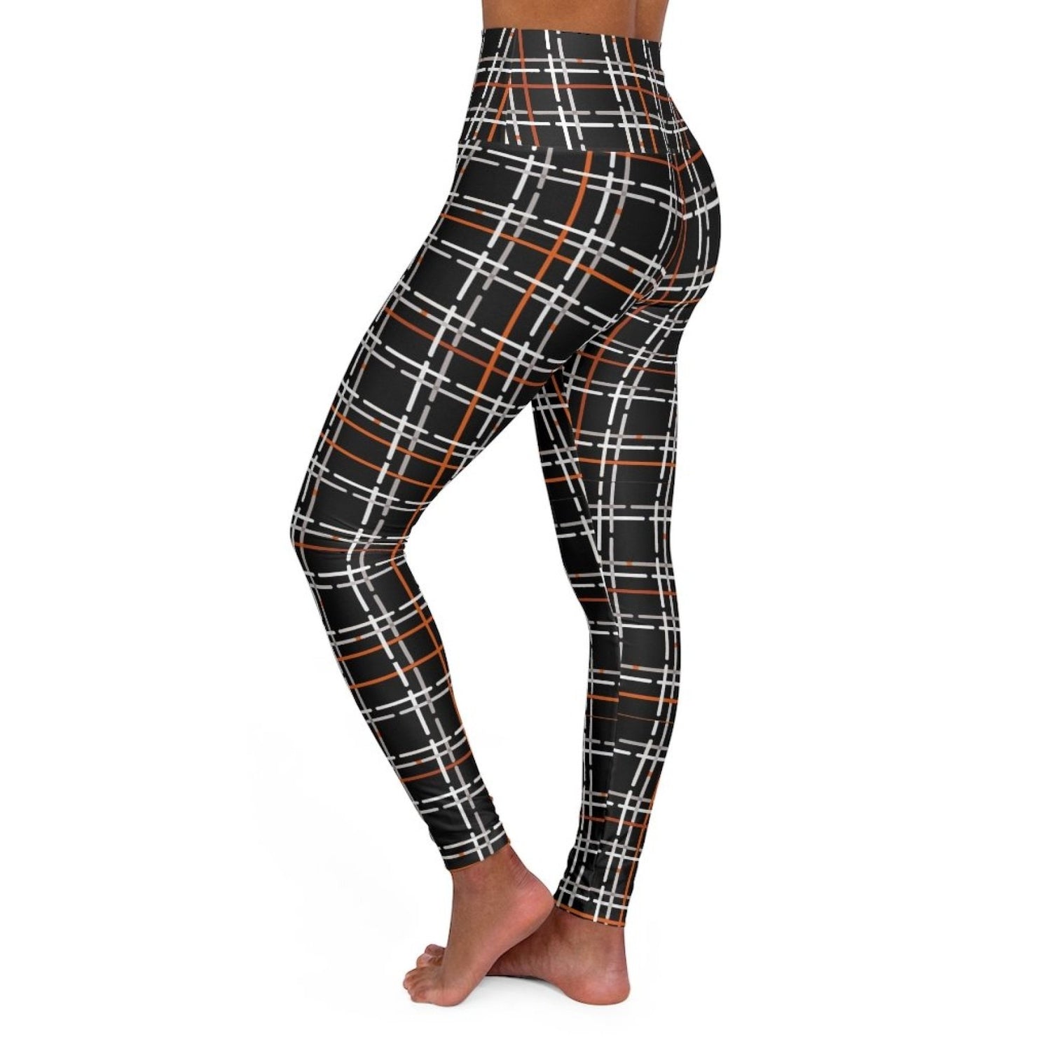 Womens High-waist Fitness Legging Yoga Pants, Black Orange Tartan