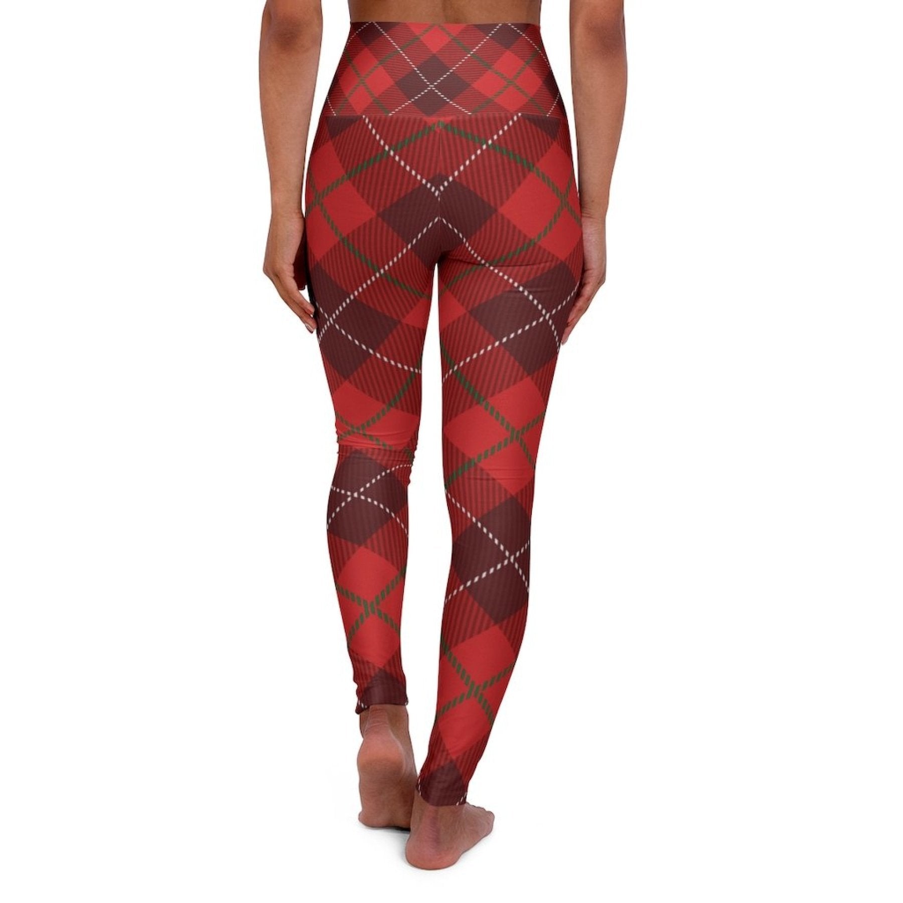 Womens High Waist Fitness Leggings / Yoga Pants, Red Plaid